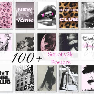 Può includere: Una collezione di poster y2k incorniciati con vari disegni. I poster presentano testi come "New York", "Midnight Lips" e "The Bad Bitches Club". Altre immagini includono una stampa leopardata, un paesaggio urbano e illustrazioni.