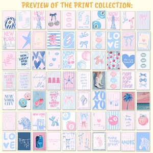 May include: A selection of framed art prints in pastel pink and blue. The prints showcase diverse illustrations, such as bows, cherries, and the word "LOVE". The text "PREVIEW OF THE PRINT COLLECTION" is displayed at the top of the image.