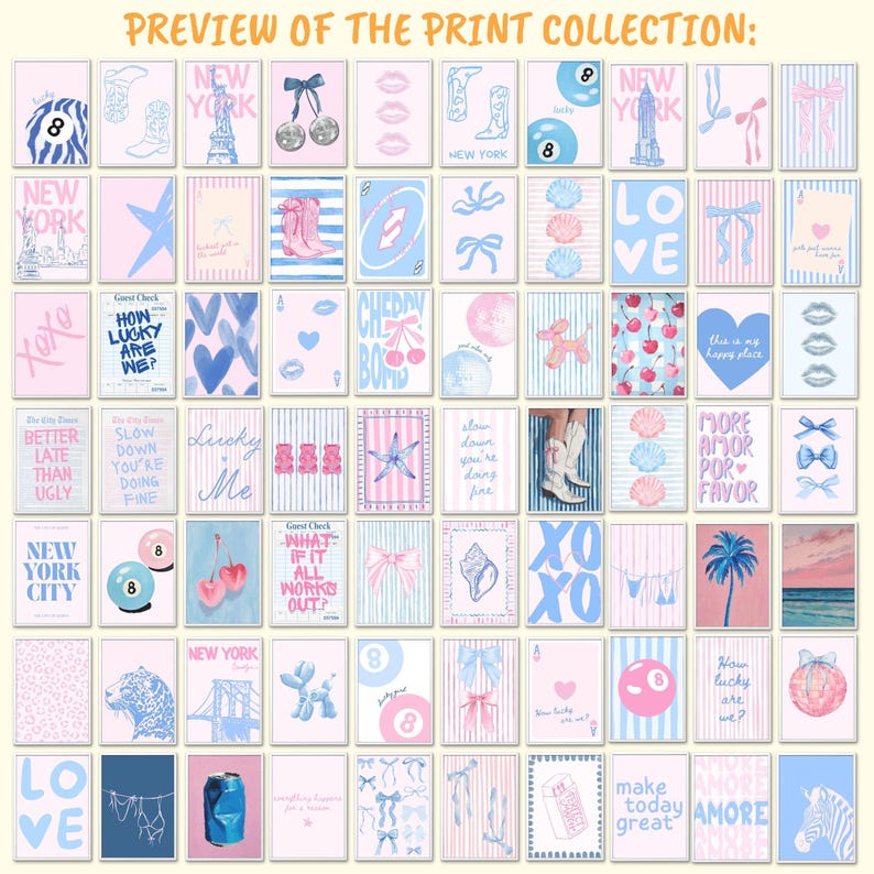 May include: A selection of framed art prints in pastel pink and blue. The prints showcase diverse illustrations, such as bows, cherries, and the word "LOVE". The text "PREVIEW OF THE PRINT COLLECTION" is displayed at the top of the image.