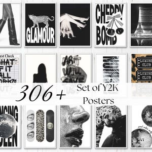 Può includere: Una collezione di poster a tema Y2K in bianco e nero. I poster presentano vari design, tra cui un leopardo, la scritta "Glamour" e delle labbra. Il set include il testo "306+ Set of Y2K Posters".