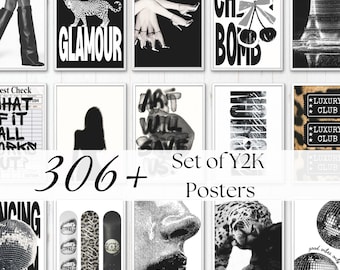Y2K Fashion Style Black & White Leopard Wandkunst Set, 306 Modedrucke, Y2K Ästhetischer Leopard Galeriewand, schickes Wohnungsdekor