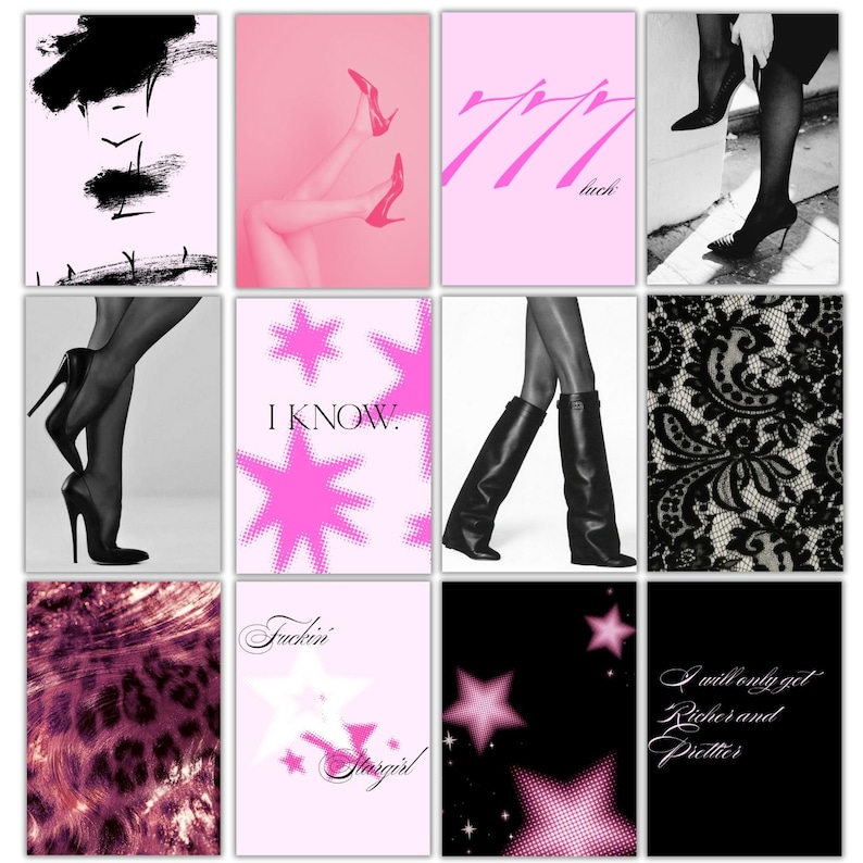 May include: A collage of images with fashion themes. Features legs in high heels, text, and abstract designs. The colour palette includes pink, black, and white. Some images have text that reads "I know", "777 luck", "Fuckin Stargirl", and "I will only get Richer and Prettier".