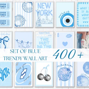 May include: A collection of digital wall art prints featuring various light blue designs including New York City, seashells, playing cards, disco balls, cherries, and text graphics like Good Times, This Must Be The Place, and Love You More.