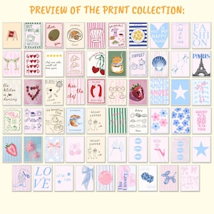 May include: A selection of art prints showcasing diverse illustrations and text. The prints depict food, beverages, and fashion, with phrases like "But First Matcha", "Kiss the Chef", and "Love". The colour scheme incorporates pink, blue, and white.