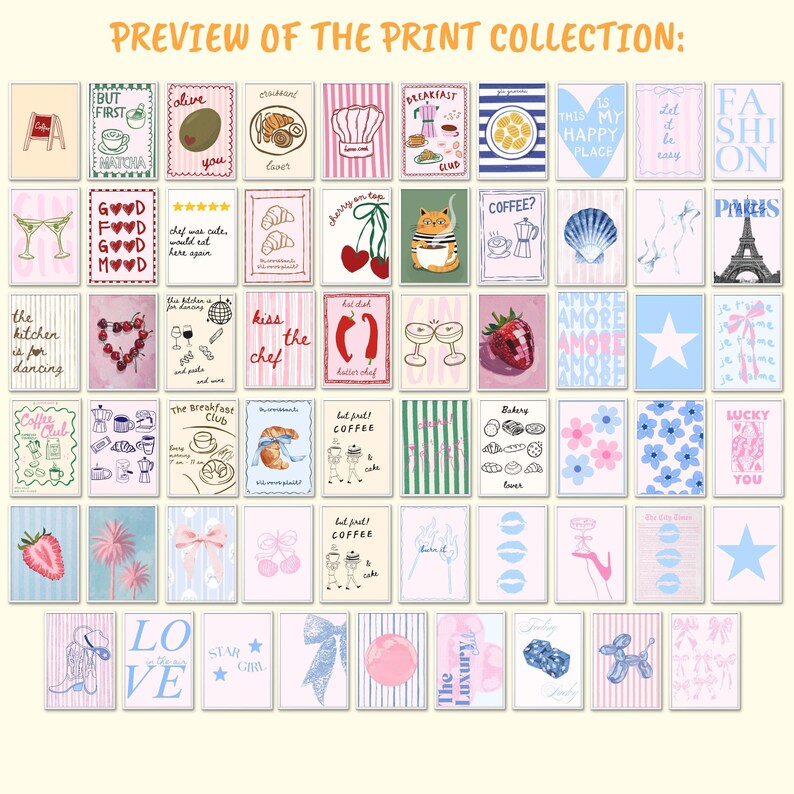 May include: A selection of art prints showcasing diverse illustrations and text. The prints depict food, beverages, and fashion, with phrases like "But First Matcha", "Kiss the Chef", and "Love". The colour scheme incorporates pink, blue, and white.