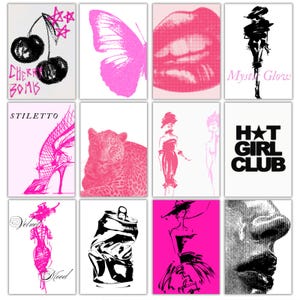 May include: A set of pop art prints in pink and black. The images include a butterfly, lips, a leopard, a high heel, and text that reads "Cherry Bomb", "Stiletto", and "Hot Girl Club".