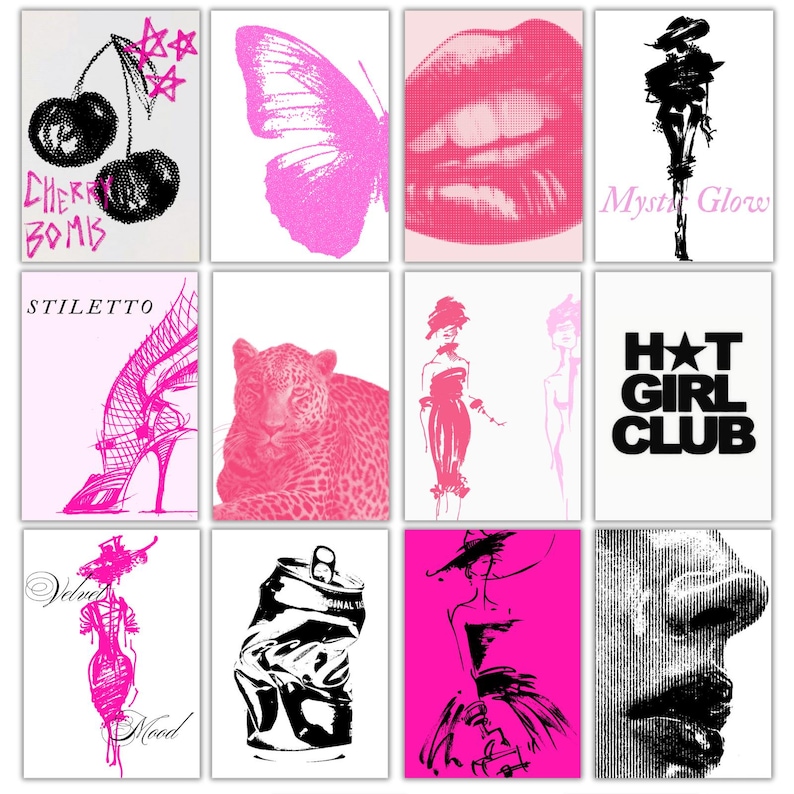 May include: A set of pop art prints in pink and black. The images include a butterfly, lips, a leopard, a high heel, and text that reads "Cherry Bomb", "Stiletto", and "Hot Girl Club".