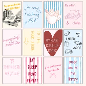 May include: A collection of twelve illustrated cards with book-themed quotes and images. The cards feature phrases like "Too many books, too little time" and "My heart is full of books." The color palette includes pink, blue, and cream.
