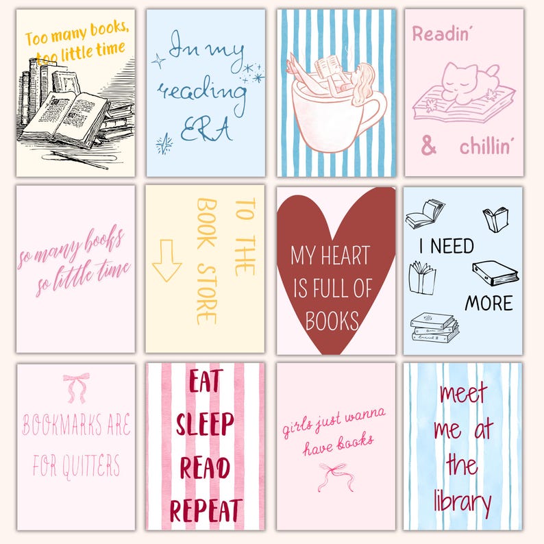 May include: A collection of twelve illustrated cards with book-themed quotes and images. The cards feature phrases like "Too many books, too little time" and "My heart is full of books." The color palette includes pink, blue, and cream.
