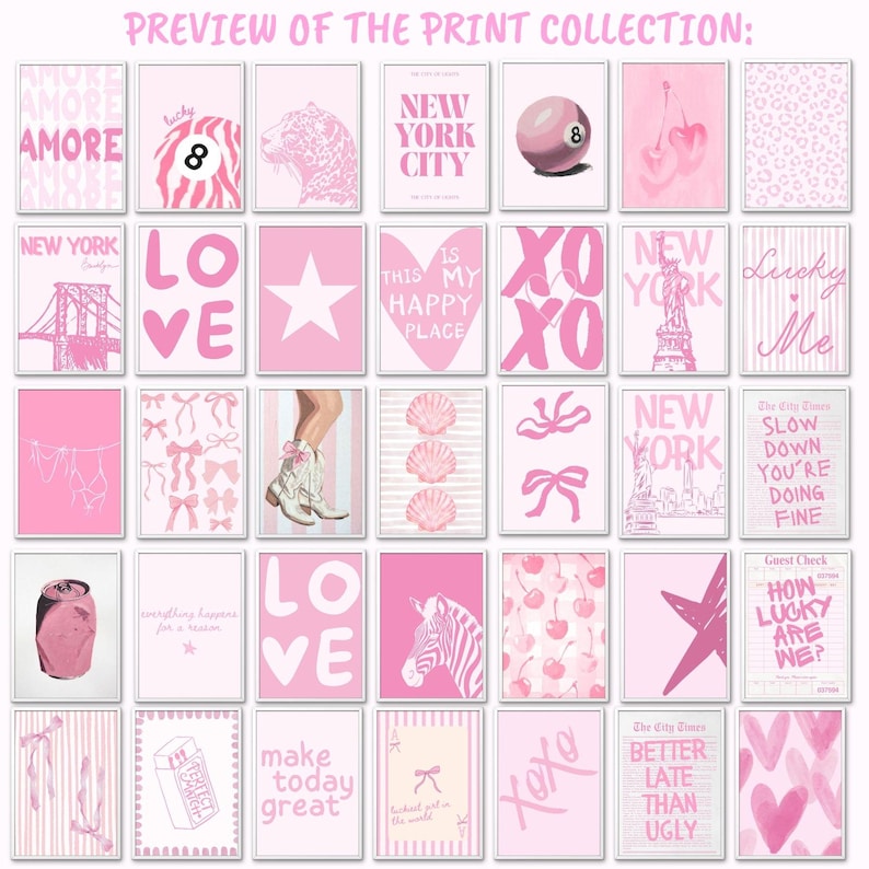 Puede incluir: Una colecci&oacute;n de treinta y cinco impresiones de arte mural rectangulares con una paleta de colores rosa. Los dise&ntilde;os incluyen textos como AMORE, NEW YORK CITY y SLOW DOWN YOU'RE DOING FINE, junto con ilustraciones de cerezas, lazos, estrellas, corazones y una cebra.