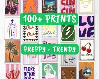 May include: A collection of framed art prints with various designs, including cherries, wine bottles, and text. The prints feature a preppy and trendy aesthetic, with the words "100+ PRINTS" and "PREPPY - TRENDY" displayed prominently.