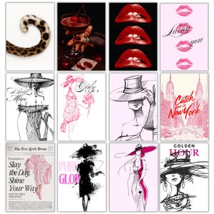 May include: A set of fashion-themed art prints. The prints depict illustrations of women in hats, lips, and cocktail glasses. Some prints include text such as "Lucky you", "Catch me in New York", and "Golden Hour". The color scheme includes black, white, and pink.