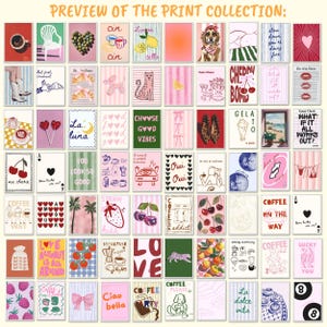May include: A selection of colourful art prints showcasing diverse designs, including food, animals, and motivational quotes. The prints feature a range of colours and styles, with text such as "LOVE" and "COFFEE".