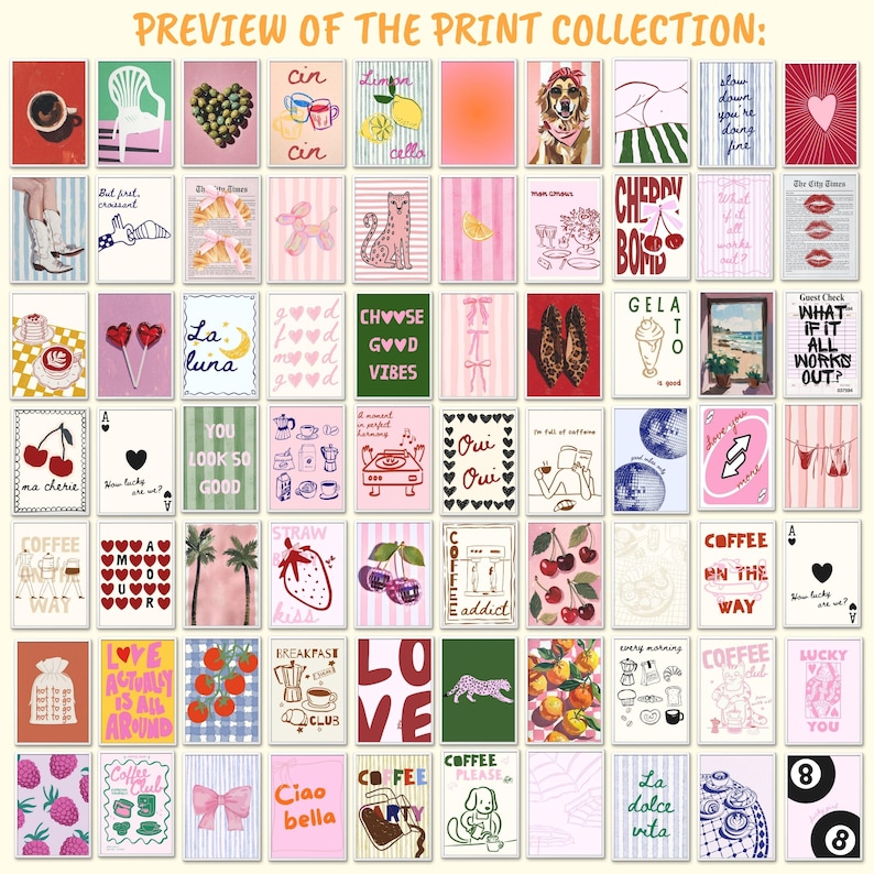 May include: A selection of colourful art prints showcasing diverse designs, including food, animals, and motivational quotes. The prints feature a range of colours and styles, with text such as "LOVE" and "COFFEE".