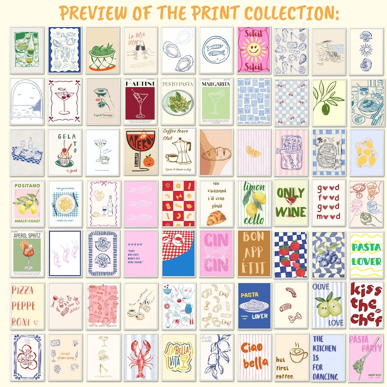 May include: A selection of vibrant art prints showcasing food and drink illustrations. The prints feature images of cocktails, pasta, lemons, and other culinary themes. Text includes "Pasta Lover", "Ciao Bella", and "Kiss the Chef".