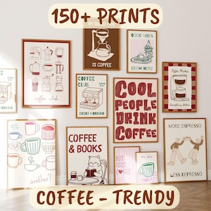 Può includere: Una collezione di stampe artistiche rettangolari da parete con illustrazioni e tipografia a tema caffè. I disegni includono macchine da caffè, tazze, gatti e testi come 'Cool People Drink Coffee' e 'More Espresso Less Depresso' in vari colori.