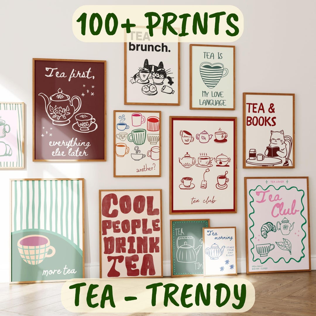 Blue Tea Poster 100 Tea Poster Bundle, Tea Shop Wall Art Set, Cute Preppy Kitchen Decor ...