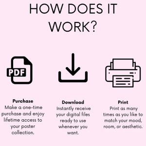 May include: An infographic explaining the process of purchasing, downloading, and printing digital files. The text "HOW DOES IT WORK?" is at the top, with icons for each step: PDF, download arrow, and printer.