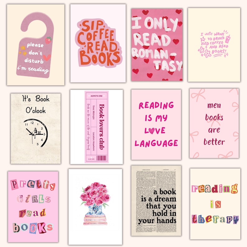 May include: A collection of twelve art prints with various book-themed quotes and illustrations. The prints feature phrases like "Sip Coffee Read Books," "Reading is my Love Language," and "Pretty Girls Read Books." The color palette is primarily pink, white, and beige.