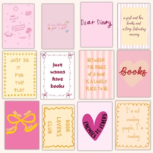 May include: A collection of pink and yellow cards with various quotes about books and reading. The cards feature handwritten fonts and decorative elements like hearts, bows, and borders. Quotes include "Dear Diary" and "Just wanna have books."