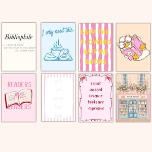 May include: A collection of eight rectangular art prints with book-themed quotes and illustrations. The prints feature phrases like "Bibliophile" and "Readers Are Leaders," along with images of books, a teacup, and a bookstore.