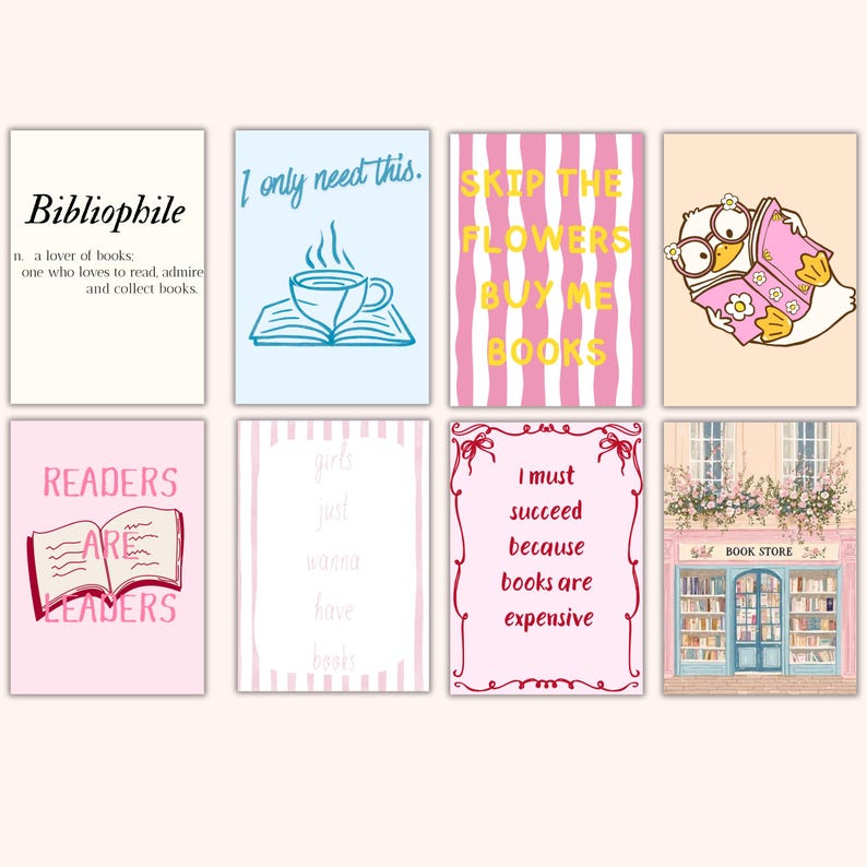 May include: A collection of eight rectangular art prints with book-themed quotes and illustrations. The prints feature phrases like "Bibliophile" and "Readers Are Leaders," along with images of books, a teacup, and a bookstore.