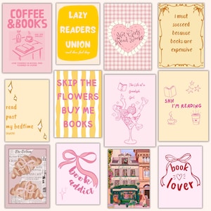 May include: A collection of pink and yellow book-themed art prints. The prints feature various quotes and illustrations related to reading, coffee, and book lovers. Some prints include text like "Coffee & Books," "Lazy Readers Union," and "Book Addict."