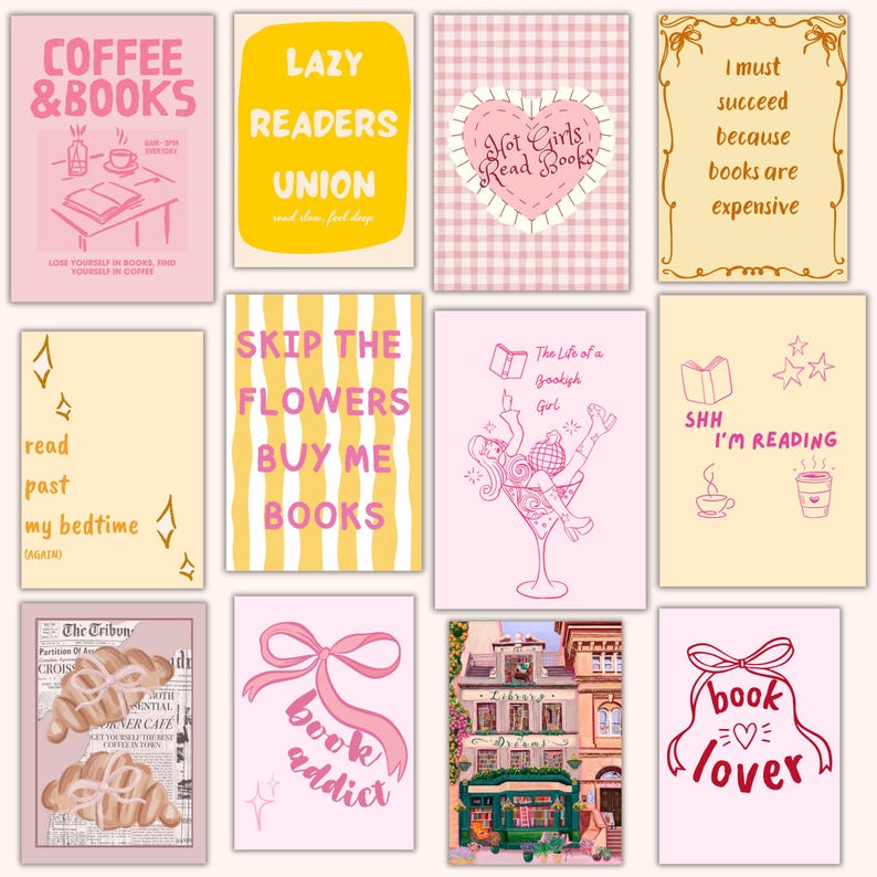 May include: A collection of pink and yellow book-themed art prints. The prints feature various quotes and illustrations related to reading, coffee, and book lovers. Some prints include text like "Coffee & Books," "Lazy Readers Union," and "Book Addict."