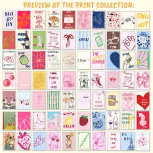 May include: A selection of art prints with diverse designs and text. The prints showcase illustrations of food, drinks, and phrases such as "Love Actually" and "Chill Out." The colour scheme includes pink, blue, and red.