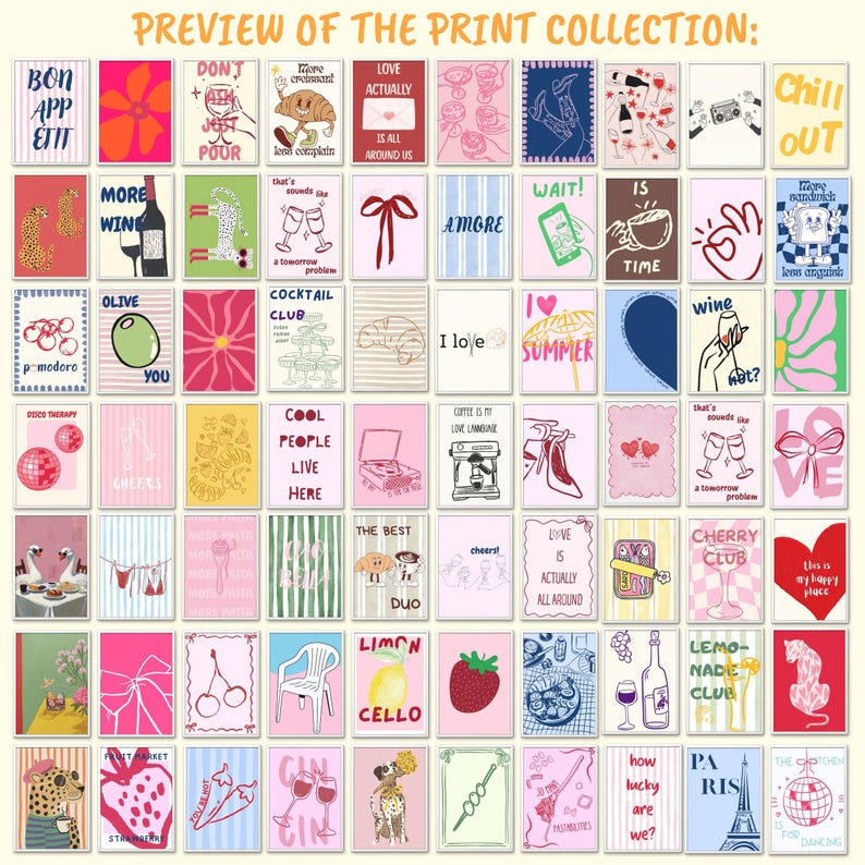 May include: A selection of art prints with diverse designs and text. The prints showcase illustrations of food, drinks, and phrases such as "Love Actually" and "Chill Out." The colour scheme includes pink, blue, and red.