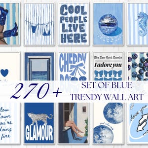 Könnte beinhalten: Eine Sammlung gerahmter Wandkunstdrucke in verschiedenen Blautönen. Die Drucke zeigen verschiedene Designs, darunter Text, eine Discokugel, ein Seepferdchen und einen Leoparden. Der Text "COOL PEOPLE LIVE HERE" und "GLAMOUR" ist sichtbar.