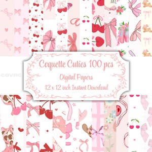 Pode incluir: Uma coleção de papéis digitais cor-de-rosa com vários padrões, incluindo laços, cerejas e corações. A imagem apresenta o texto "Coquette Cuties 100 pcs" e "12 x 12 polegadas Download instantâneo". Os papéis são projetados para uso digital.