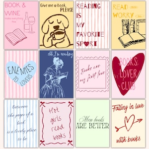 May include: A collection of twelve rectangular art prints with various book-themed quotes and illustrations. The prints feature a range of colors, including pink, blue, and yellow, with text such as "Book & Wine" and "Reading is my favorite sport."