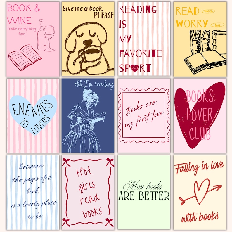 May include: A collection of twelve rectangular art prints with various book-themed quotes and illustrations. The prints feature a range of colors, including pink, blue, and yellow, with text such as "Book & Wine" and "Reading is my favorite sport."