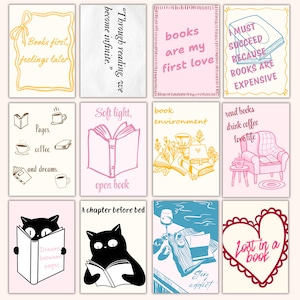 May include: A collection of illustrated cards with book-themed quotes and images. Designs include open books, coffee cups, cats reading, and phrases like "Books first, feelings later" and "Lost in a book."