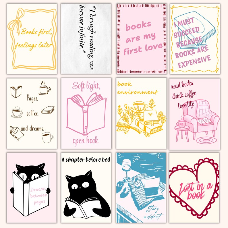 May include: A collection of illustrated cards with book-themed quotes and images. Designs include open books, coffee cups, cats reading, and phrases like "Books first, feelings later" and "Lost in a book."