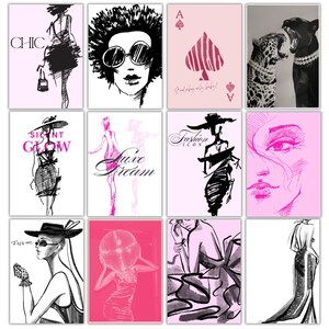 May include: A set of fashion-themed art prints. The prints showcase illustrations of women in fashionable attire, faces, and text such as "CHIC" and "Fashion Icon". The colour scheme includes black, white, and pink.