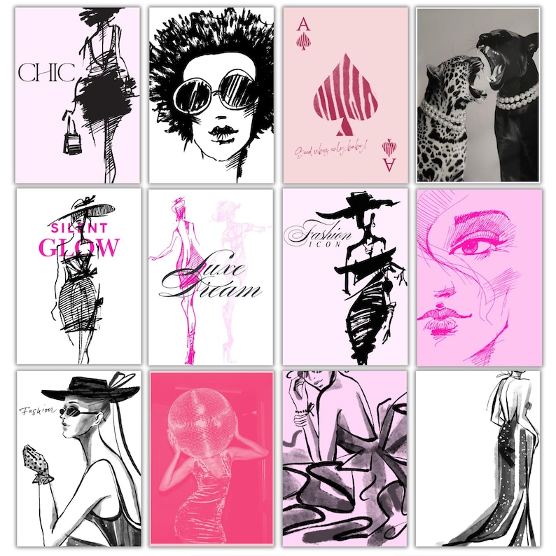 May include: A set of fashion-themed art prints. The prints showcase illustrations of women in fashionable attire, faces, and text such as "CHIC" and "Fashion Icon". The colour scheme includes black, white, and pink.