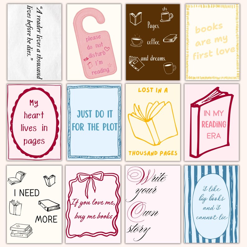 May include: A collection of twelve illustrated cards with book-themed quotes and designs. The cards feature phrases like "My heart lives in pages," "Just do it for the plot," and "I like big books and I cannot lie." The color palette includes pink, blue, and brown.