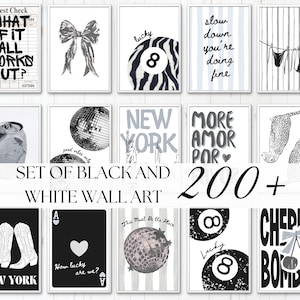 Può includere: Una collezione di oltre 200 stampe d'arte da parete in bianco e nero con vari disegni grafici, tra cui testo, palle da discoteca, carte da gioco, una palla otto, un fiocco, stivali da cowboy, una bomba di ciliegie e un leopardo.