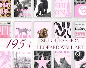 Zestaw 195 grafik ściennych z nadrukiem różowego lamparta | Dekoracja Y2K Coquette (pobranie cyfrowe)