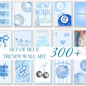 May include: A collection of blue-toned wall art prints featuring various graphic designs including seashells, the New York City skyline, eight balls, playing cards, disco balls, cherries, and text elements like Good Times, New York, and Lucky.