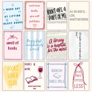 May include: A collection of twelve rectangular art prints with various book-themed quotes and illustrations. The prints feature phrases like "Books are a part of me" and "Books lover club" in different fonts and colors, with decorative borders.