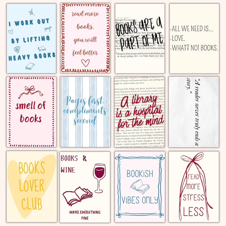 May include: A collection of twelve rectangular art prints with various book-themed quotes and illustrations. The prints feature phrases like "Books are a part of me" and "Books lover club" in different fonts and colors, with decorative borders.
