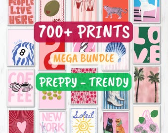 May include: A selection of framed art prints with diverse designs, including text, illustrations, and patterns. The prints feature phrases such as "Cool People Live Here" and "Soleil", alongside images of a leopard, a seashell, and a pair of boots. The bundle is labeled "700+ Prints Mega Bundle" and "Preppy - Trendy".