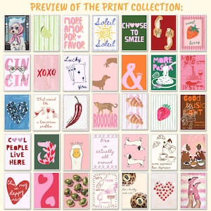 May include: A collection of colorful art prints with various designs, including a dog in a headscarf, a lemon, text, a sun, a strawberry, playing cards, a dachshund, pasta, and a chili pepper. The prints are displayed in a grid.