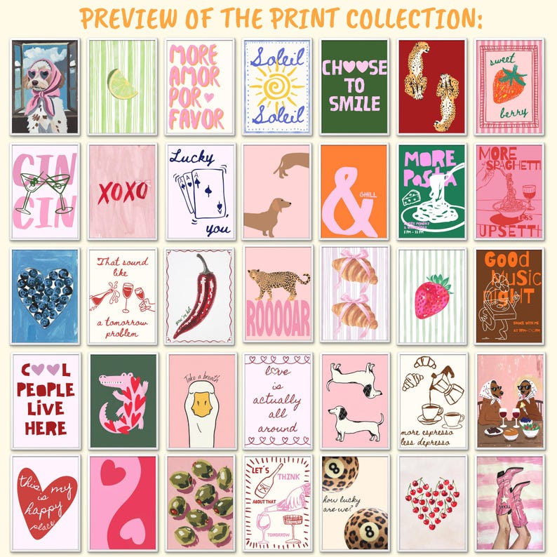 May include: A collection of colorful art prints with various designs, including a dog in a headscarf, a lemon, text, a sun, a strawberry, playing cards, a dachshund, pasta, and a chili pepper. The prints are displayed in a grid.