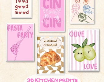 May include: Collection of framed kitchen prints with various designs. Prints include text like "good mood", "CIN CIN", "Pasta Party", and "Olive Love". Other prints feature illustrations of food and drinks. The collection is labeled "30 KITCHEN PRINTS".