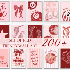 May include: A collection of wall art prints featuring red and pink graphic designs including cherries, bows, billiard balls, the New York City skyline, leopards, cowboy boots, disco balls, playing cards, and text like What if it all works out.