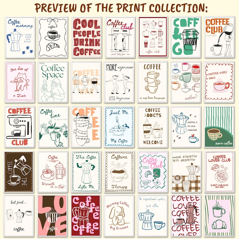 100 Coffee Poster Bundle, Coffee Shop Wall Art Set, Cute Preppy Kitchen Decor, Dopamine Coffee Prints, Retro Cafe Wall Art image 4
